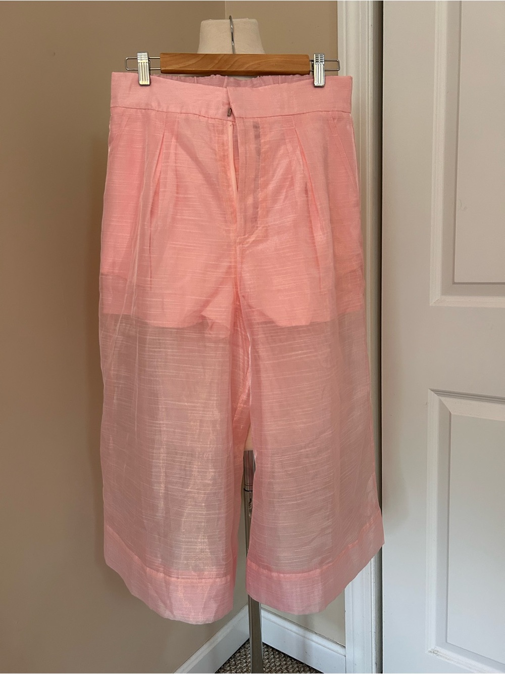 High-Waist Sheer Pink Wide-Leg Women's sheer pants with built in satin shorts.
